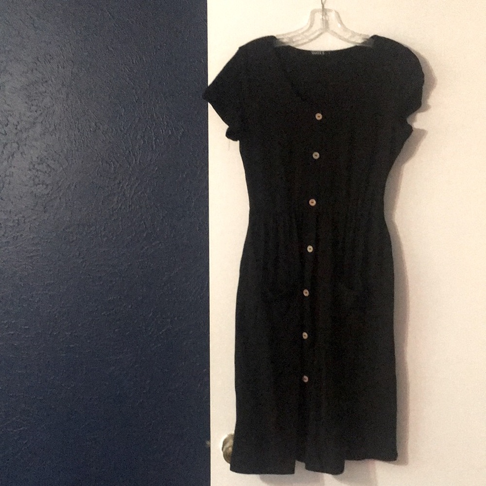 Black button down dress with pockets.